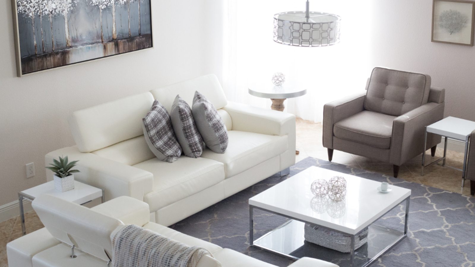Salon avec sofa blanc et fauteuil